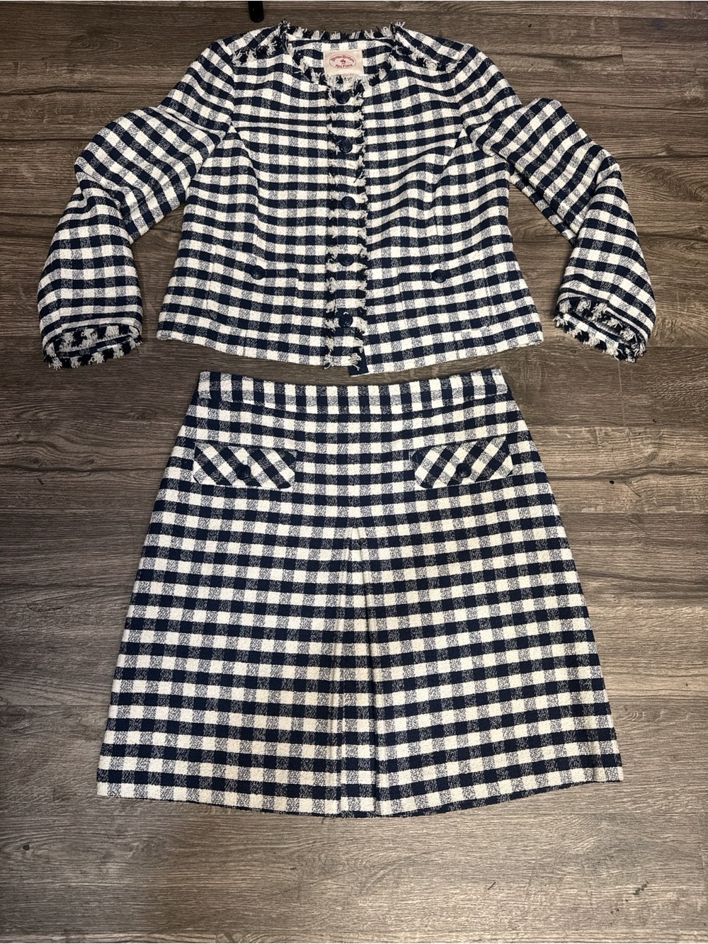 Brooks Brothers Red Fleece Navy White Gingham Tweed Skirt Suit Set Size 10 - Picture 2 of 11